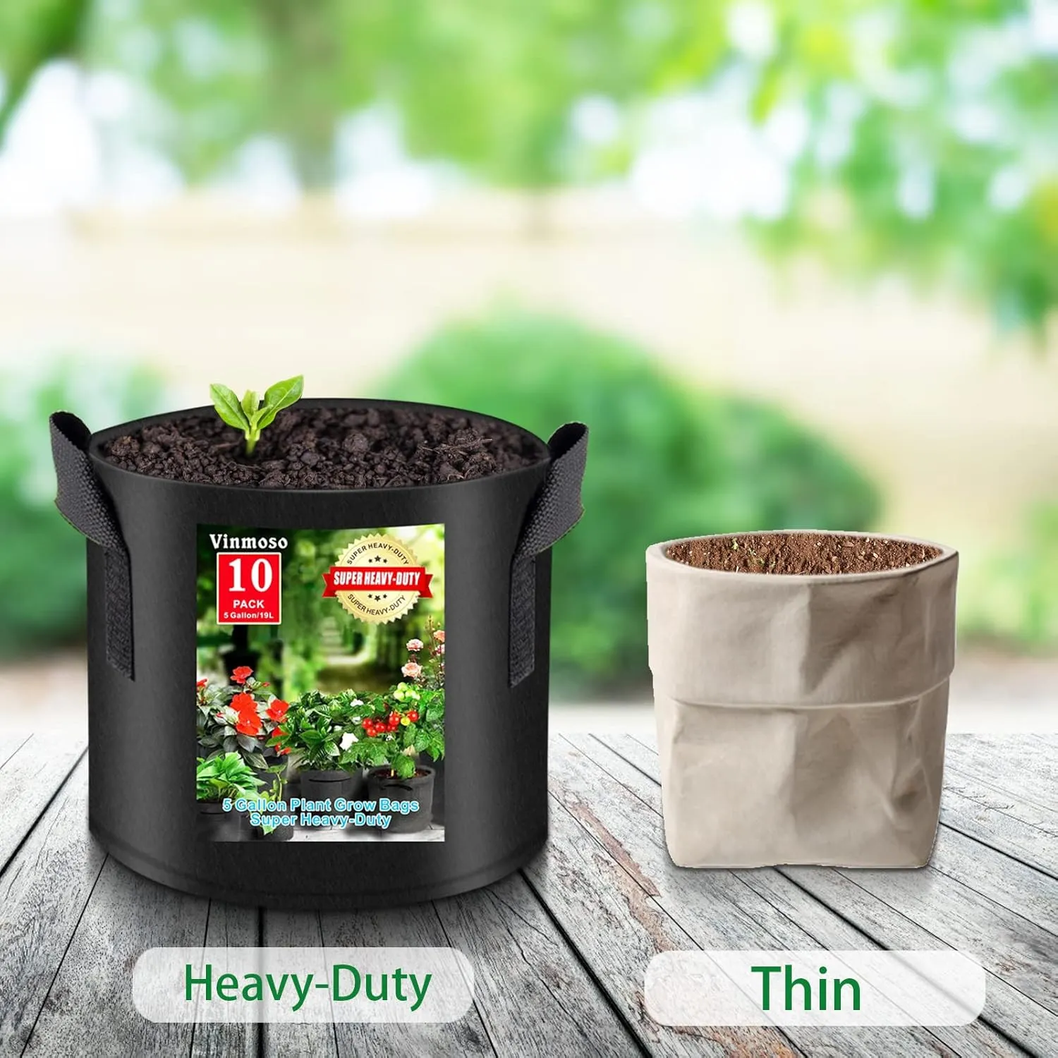 10 Pack Grow Bags with Handles, 5 Gallon Heavy Duty Thickened Non-Woven Plant Bags