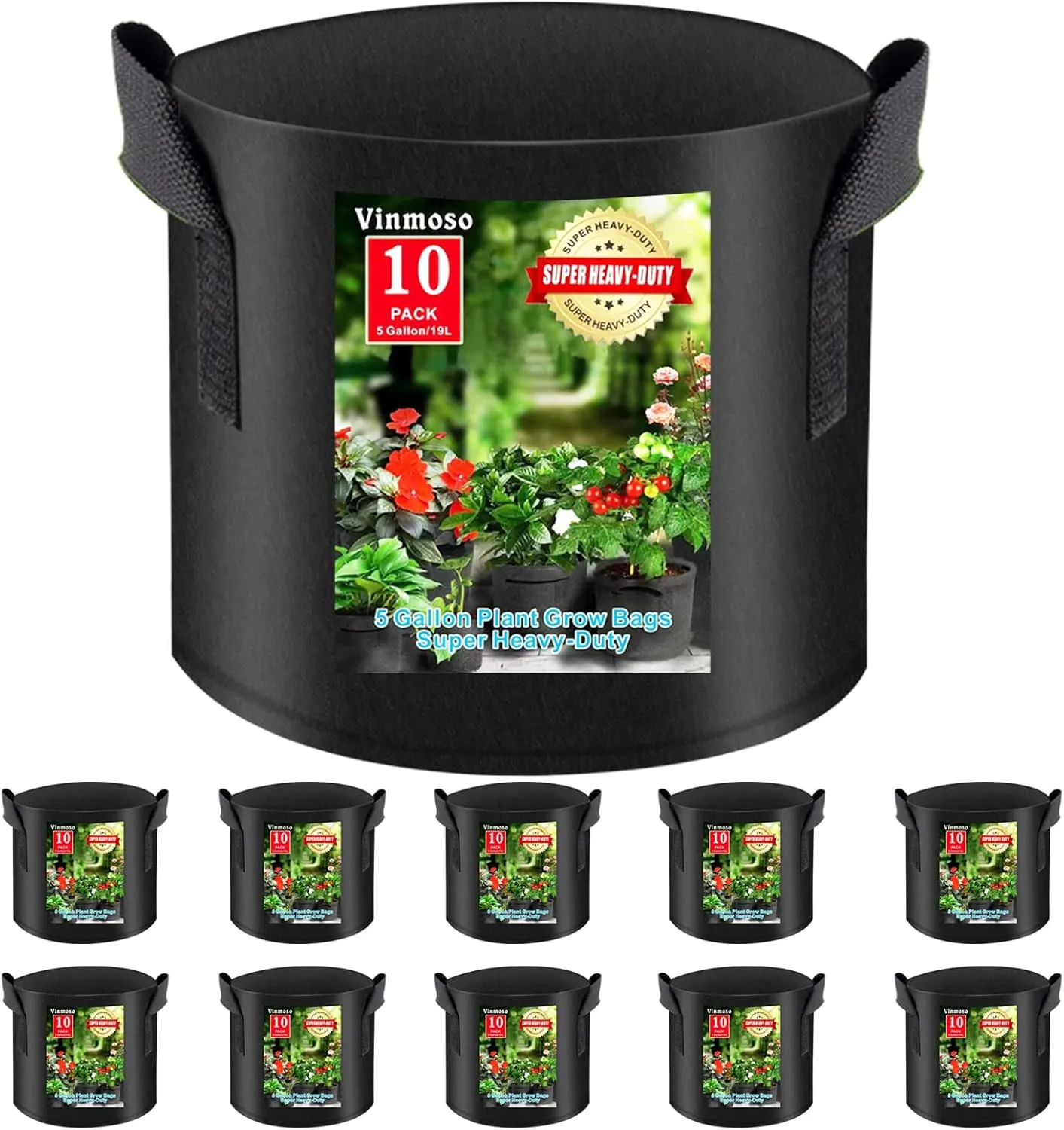 10 Pack Grow Bags with Handles, 5 Gallon Heavy Duty Thickened Non-Woven Plant Bags