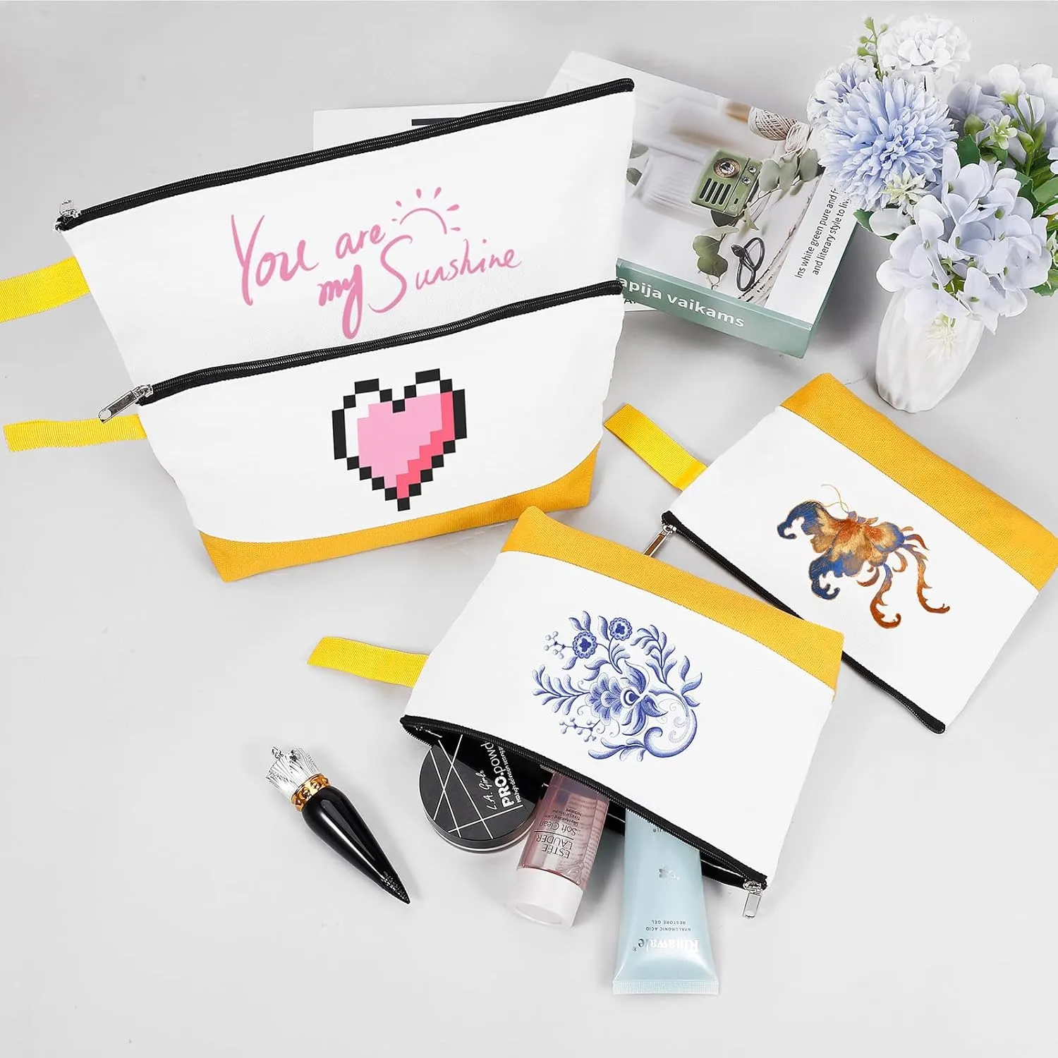 10 Pieces Cotton Canvas Makeup Bag with Bottom and Strap, Multi-Purpose Cosmetic Bag with Zipper Travel Toiletry Pouch, Blank DIY Craft Bag (White&Yellow, L)