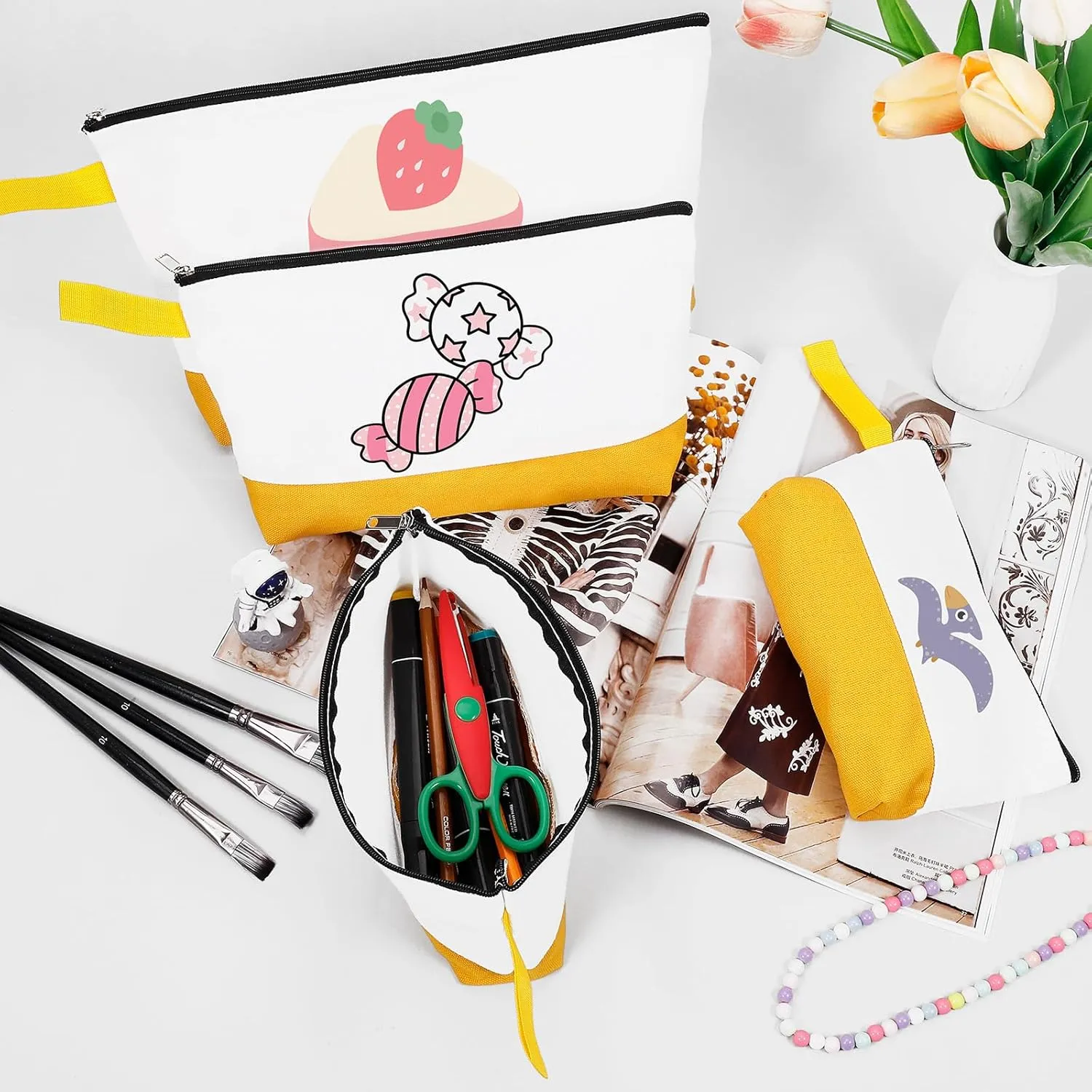 10 Pieces Cotton Canvas Makeup Bag with Bottom and Strap, Multi-Purpose Cosmetic Bag with Zipper Travel Toiletry Pouch, Blank DIY Craft Bag (White&Yellow, L)