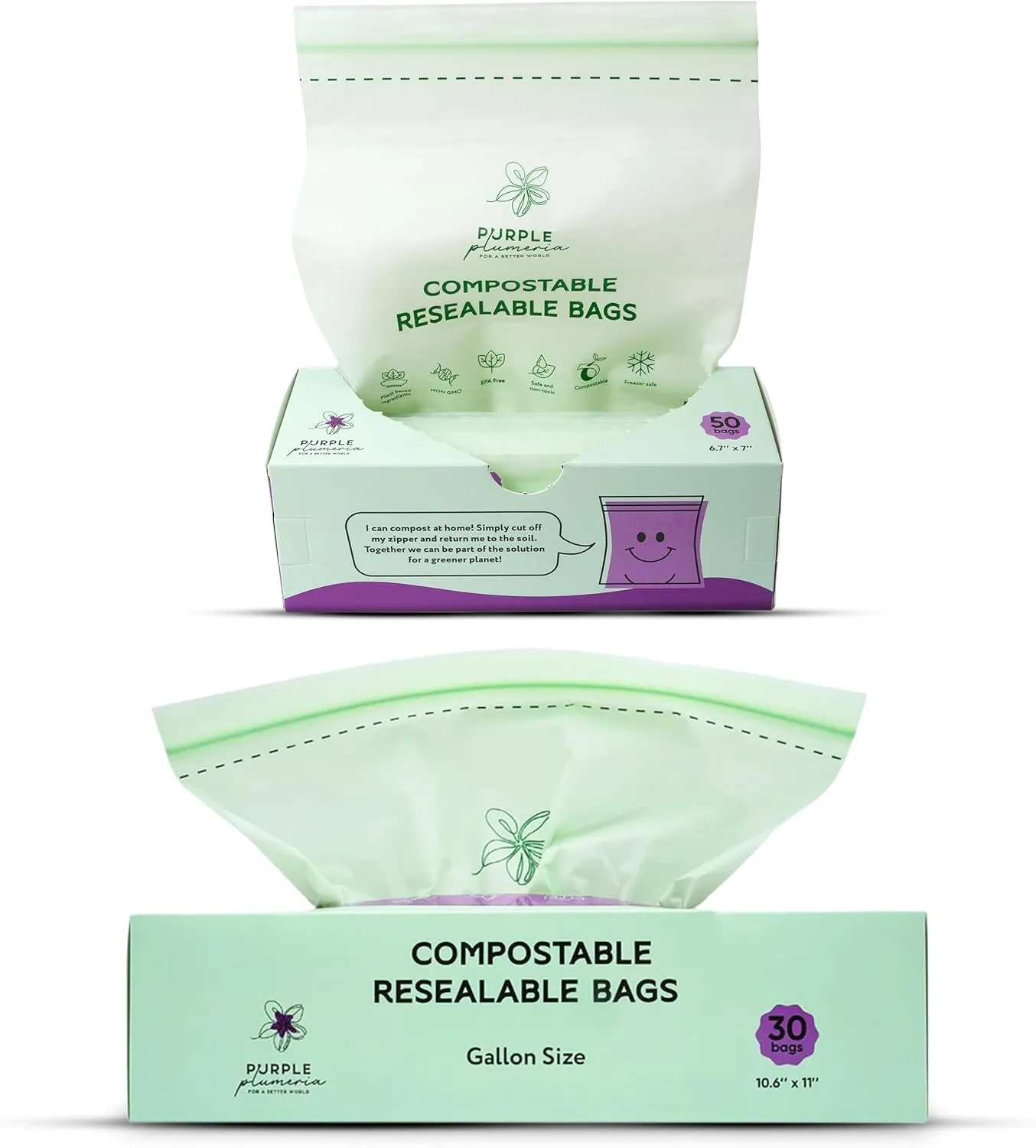 100% Certified Compostable Quart & Gallon Bags (30 50 Counts), Resealable BioBased Bags, Leak Proof And Freezer Safe, Extra Strength Storage Bags, Also Available in Snack & Sandwich Size