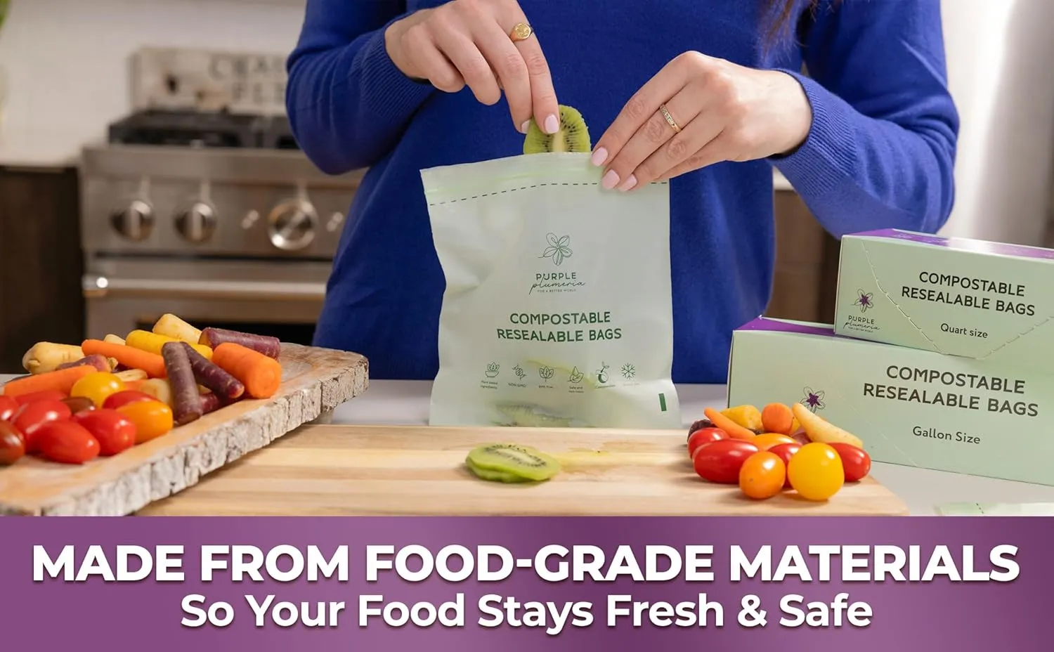 100% Certified Compostable Quart & Gallon Bags (30 50 Counts), Resealable BioBased Bags, Leak Proof And Freezer Safe, Extra Strength Storage Bags, Also Available in Snack & Sandwich Size