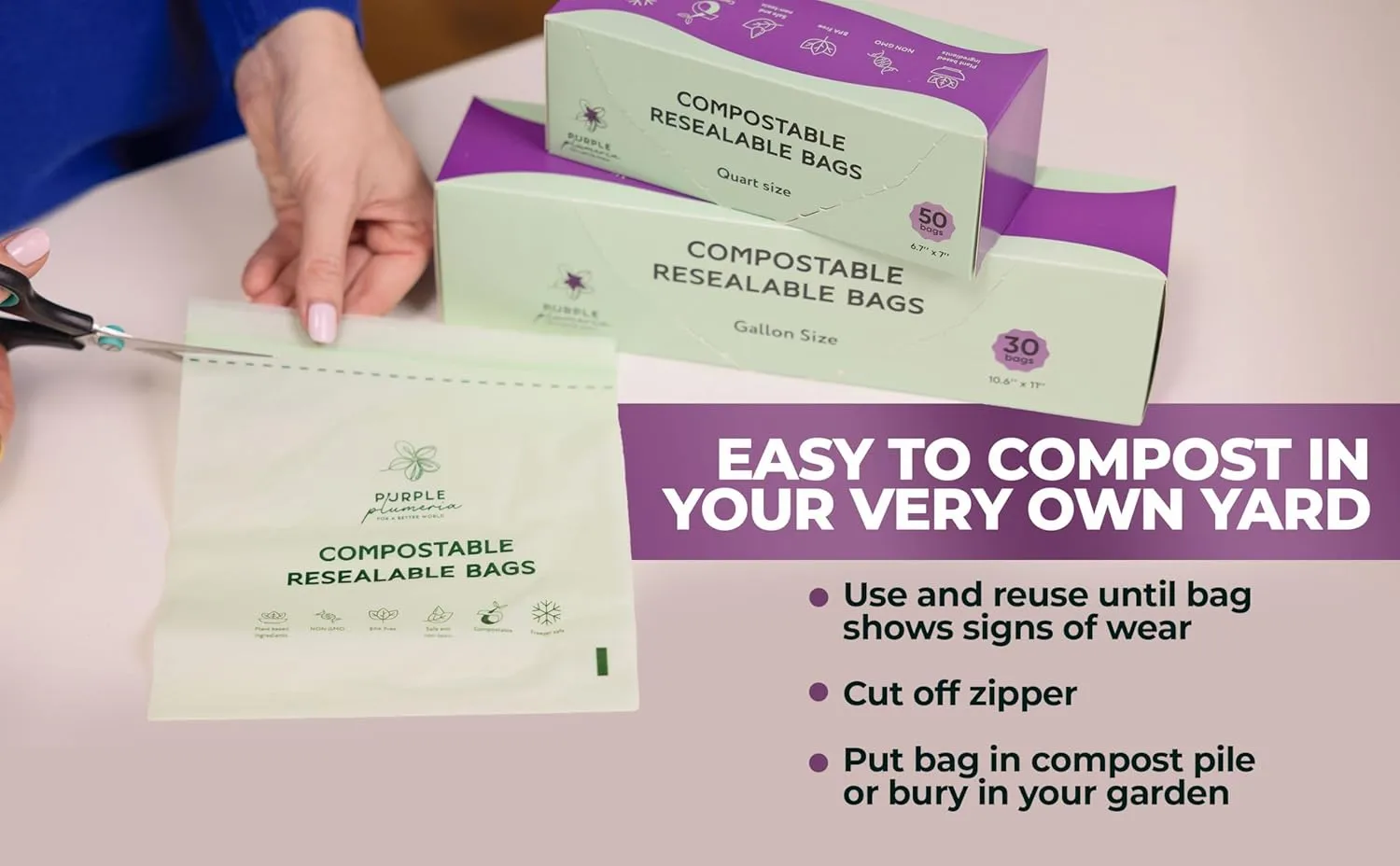 100% Certified Compostable Quart & Gallon Bags (30 50 Counts), Resealable BioBased Bags, Leak Proof And Freezer Safe, Extra Strength Storage Bags, Also Available in Snack & Sandwich Size