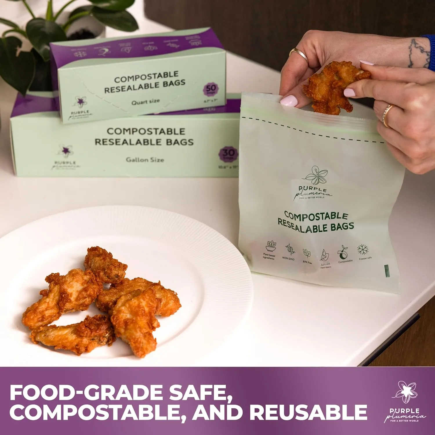 100% Compostable Resealable Food Storage Bags – Biobased, Leak-Proof, Freezer-Safe – Extra Strong & Durable – Available in Gallon, Snack & Sandwich Sizes (Quart)