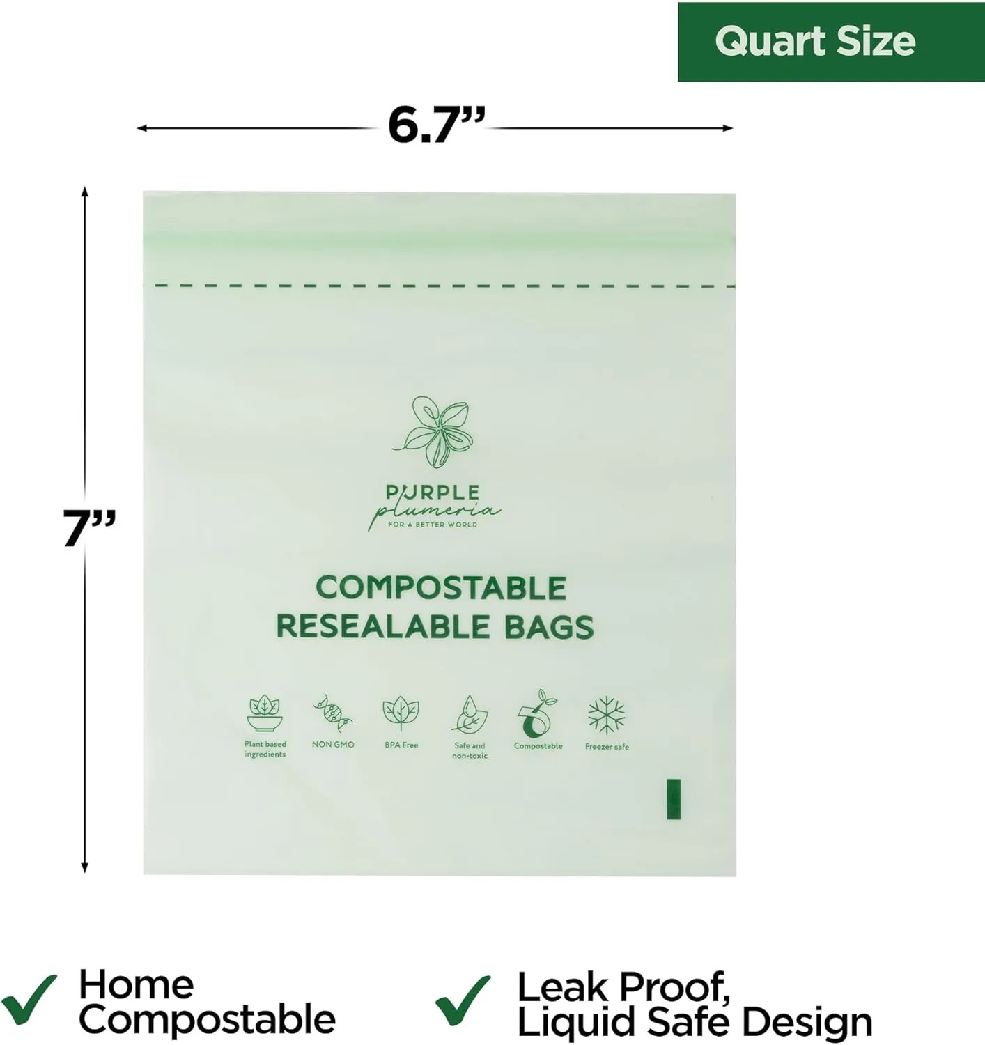 100% Compostable Resealable Food Storage Bags – Biobased, Leak-Proof, Freezer-Safe – Extra Strong & Durable – Available in Gallon, Snack & Sandwich Sizes (Quart)