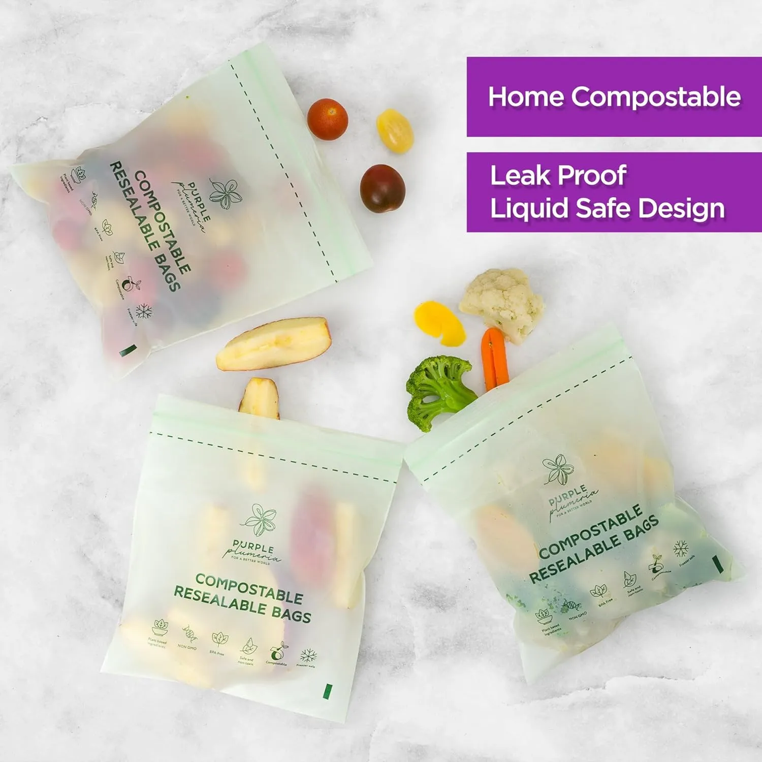 100% Compostable Resealable Food Storage Bags – Biobased, Leak-Proof, Freezer-Safe – Extra Strong & Durable – Available in Gallon, Snack & Sandwich Sizes (Quart)