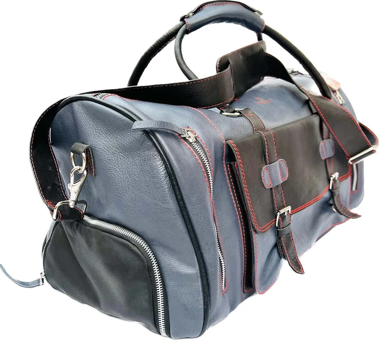 100% Leather Duffel Bags- Travel Overnight Weekend Gym (Dark Grey/Black, 17 x 11 x11)