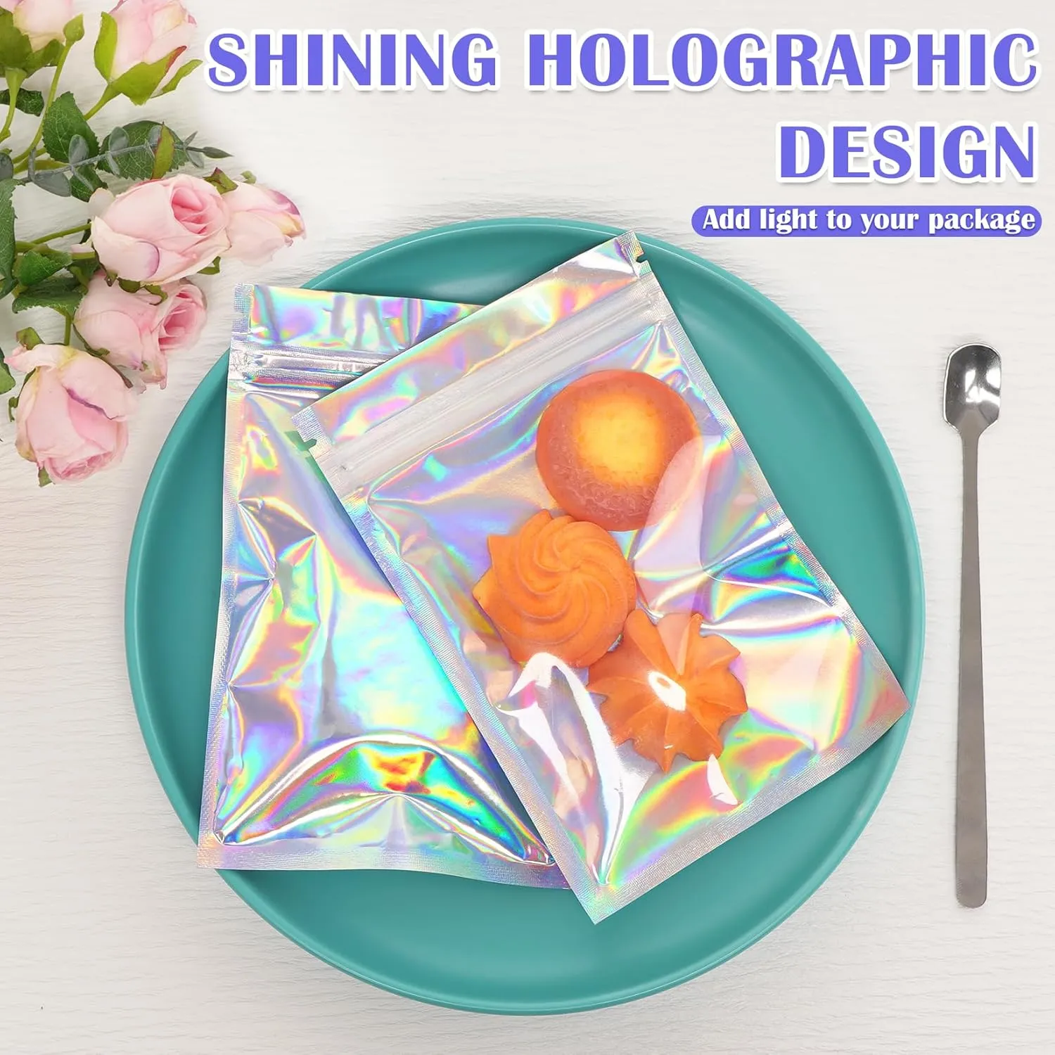 100 Pcs Mylar Bags, Holographic Bags, Resealable Bag for Small Business, Packaging, Sample Bag for Pen, Gift, Jewelry, Snack, Bracelets, Mothers Day Gifts (5.5x7.9in)