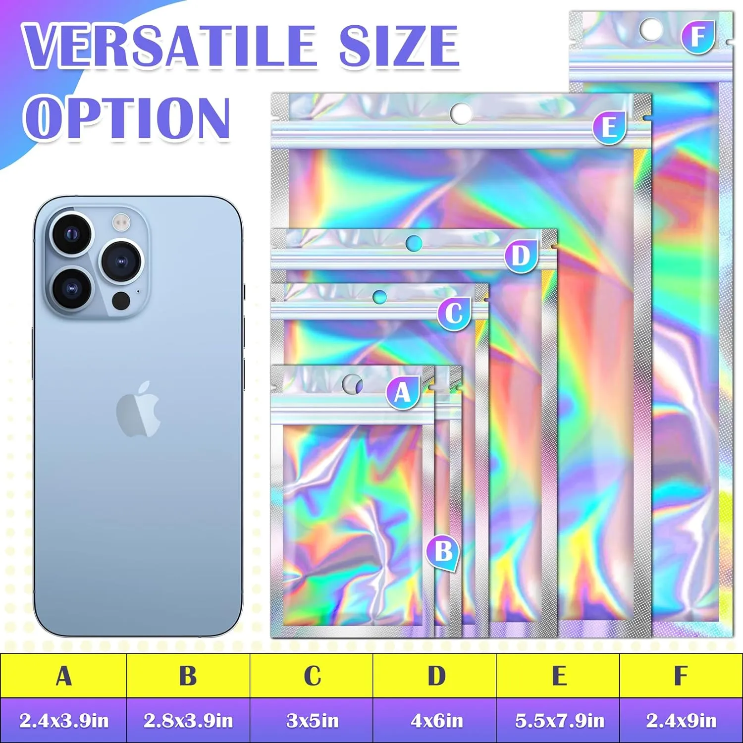100 Pcs Mylar Bags, Holographic Bags, Resealable Bag for Small Business, Packaging, Sample Bag for Pen, Gift, Jewelry, Snack, Bracelets, Mothers Day Gifts (5.5x7.9in)