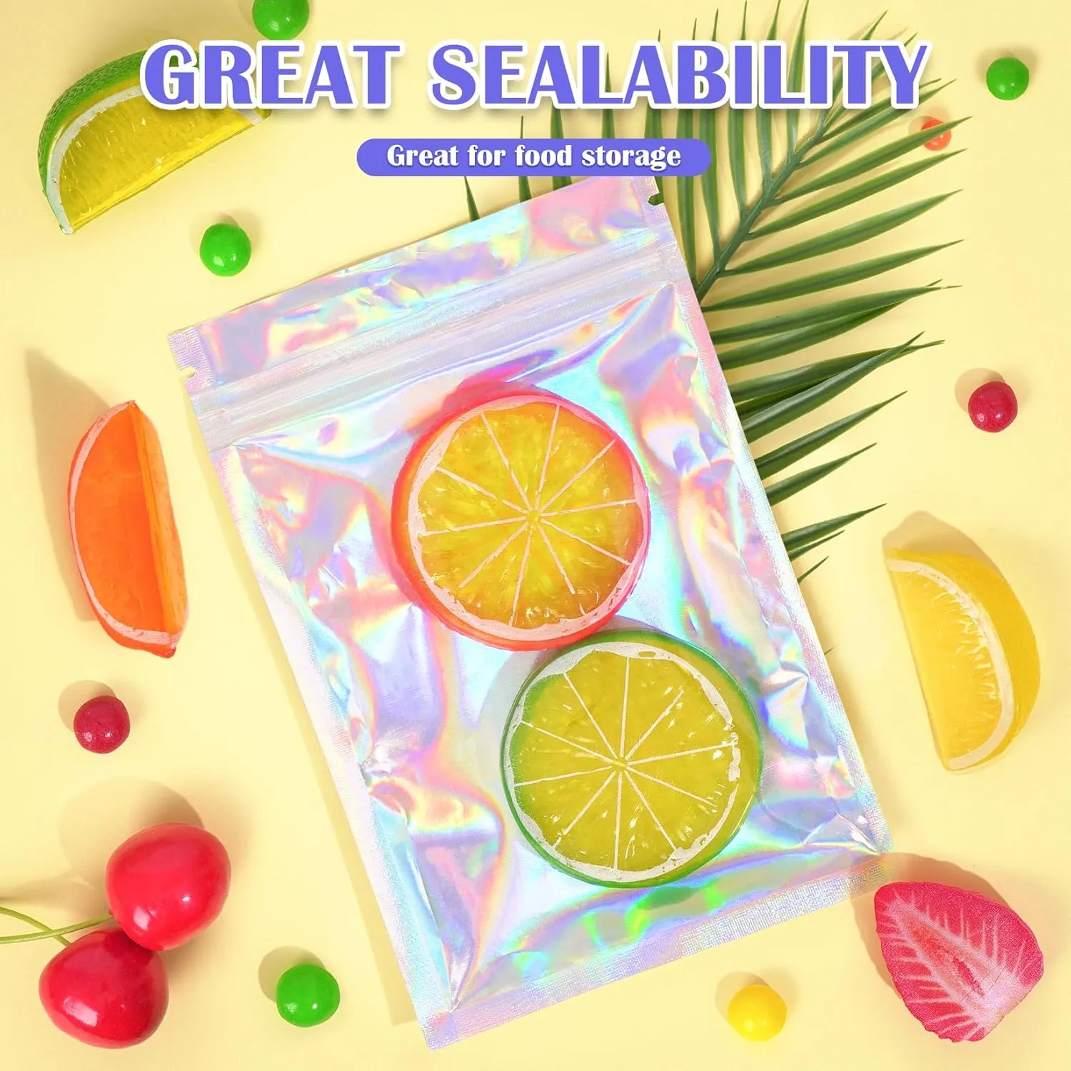 100 Pcs Mylar Bags, Holographic Bags, Resealable Bag for Small Business, Packaging, Sample Bag for Pen, Gift, Jewelry, Snack, Bracelets, Mothers Day Gifts (5.5x7.9in)