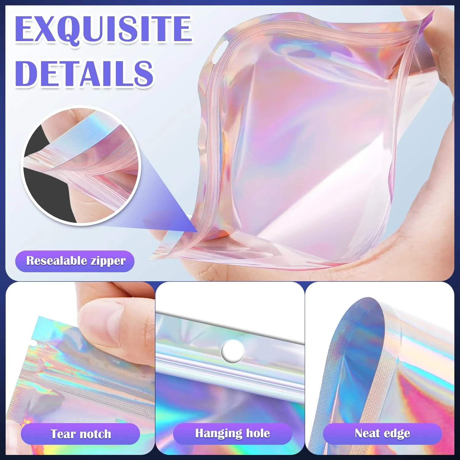 100 Pcs Mylar Bags, Holographic Bags, Resealable Bag for Small Business, Packaging, Sample Bag for Pen, Gift, Jewelry, Snack, Bracelets, Mothers Day Gifts (5.5x7.9in)