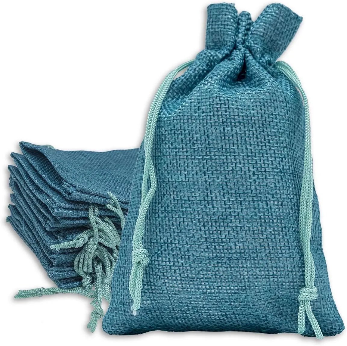 12-Pack 5.5x7.75 Natural Burlap Gift Bags w. Drawstring (Teal Blue, Medium) for Party Favors, Presents or DIY Craft by TheDisplayGuys
