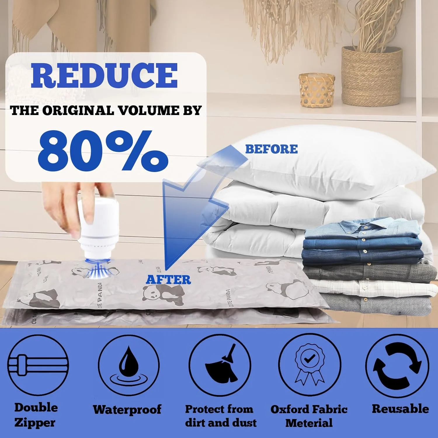 12Pack Tear-Proof Space Saver Vacuum Storage Bags with Pump, (3 Jumbo/3 Large/3 Medium/3 Small) Oxford Fabric Reusable Vacuum Seal Bags for Clothing Travel, Luggage, Pillows, Blankets, Bedding