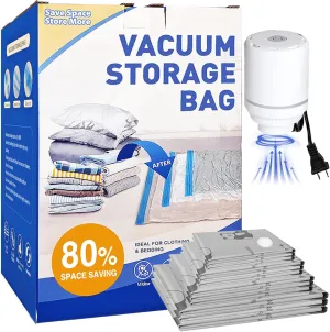 12Pack Tear-Proof Space Saver Vacuum Storage Bags with Pump, (3 Jumbo/3 Large/3 Medium/3 Small) Oxford Fabric Reusable Vacuum Seal Bags for Clothing Travel, Luggage, Pillows, Blankets, Bedding