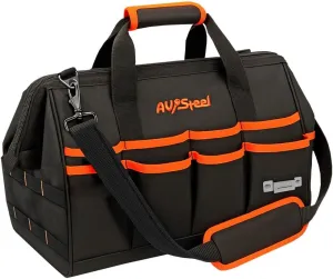 15 Inch Tool Bag with16 Pockets, Foldable Close Top Wide Mouth Tool Bag Organizer with Handle & Padded Adjustable Strap, Bag for Men Heavy Duty, Waterproof, Black & Orange