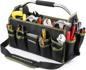 16 In Electrician Tool Bag, Foldable Bags For Men Heavy Duty, Open Top Tool Tote, 30 Pockets Can Hold Many fittings, Organizer Stainless Steel Handle and Removable Shoulder Strap