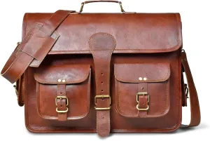 16 Inch Vintage Handmade Leather Travel Messenger Office Crossbody Bag Laptop Briefcase Computer College Satchel Bag For Men And Women