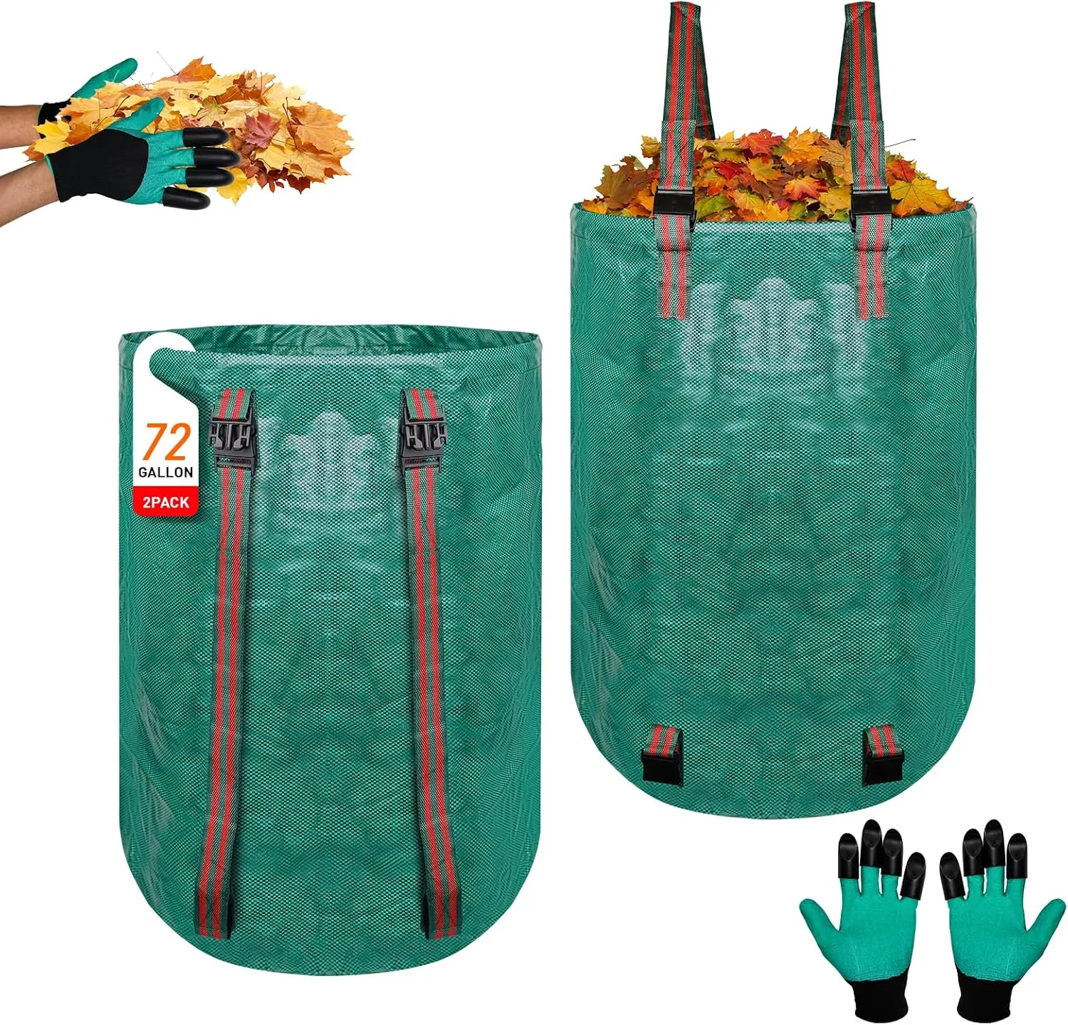 2 PCS 72 Gallon Yard Waste Bags, Garden bags for leaves with Adjustable Shoulder Straps & Drawstrings, Includes Gloves, for Leaf Removal, Lawn Trash Cleanup & Yard Maintenance