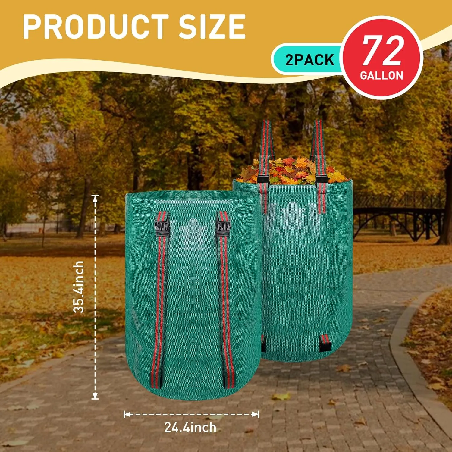 2 PCS 72 Gallon Yard Waste Bags, Garden bags for leaves with Adjustable Shoulder Straps & Drawstrings, Includes Gloves, for Leaf Removal, Lawn Trash Cleanup & Yard Maintenance