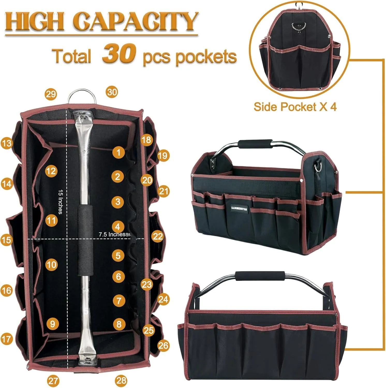 20 In Tool Carrier, Open Top Tool Tote 30 Pockets, Waterproof Tool Bag For Men, Foldable Wide Mouth Electricians Tool Bag, With Stainless Steel Handle and Removable Shoulder Strap