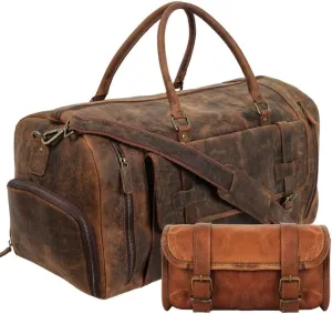 22 Inch Genuine Leather Duffel Bag | Carryon Durable Cabin With Shoe Compartment | Overnight Travel Weekend Sports Gym Traveling with Leather Handlebar Bag Brown Saddle Motorcycle Bag Bicycle Tool Bag