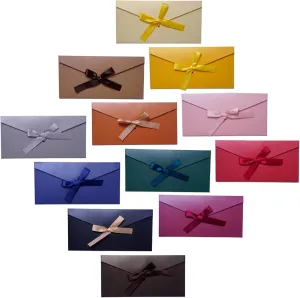 24 Pcs Paper Gift Card 12 Colors Envelopes Bags with Ribbon Bowknot for Mother's Day，Beautiful Pearl Color Envelopes Courtship Letter， Birthday, Graduation, Baby Shower, Greeting Card