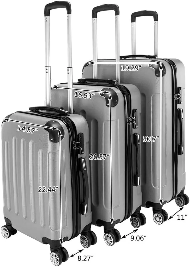 3-Piece Luggage Set Travel Lightweight ABS Suitcases with Silent Rolling Wheels, TSA lock & Moulded Corner, Carry on Travel Storage Luggages for Business, Trip, Gray (20"/24"/28")