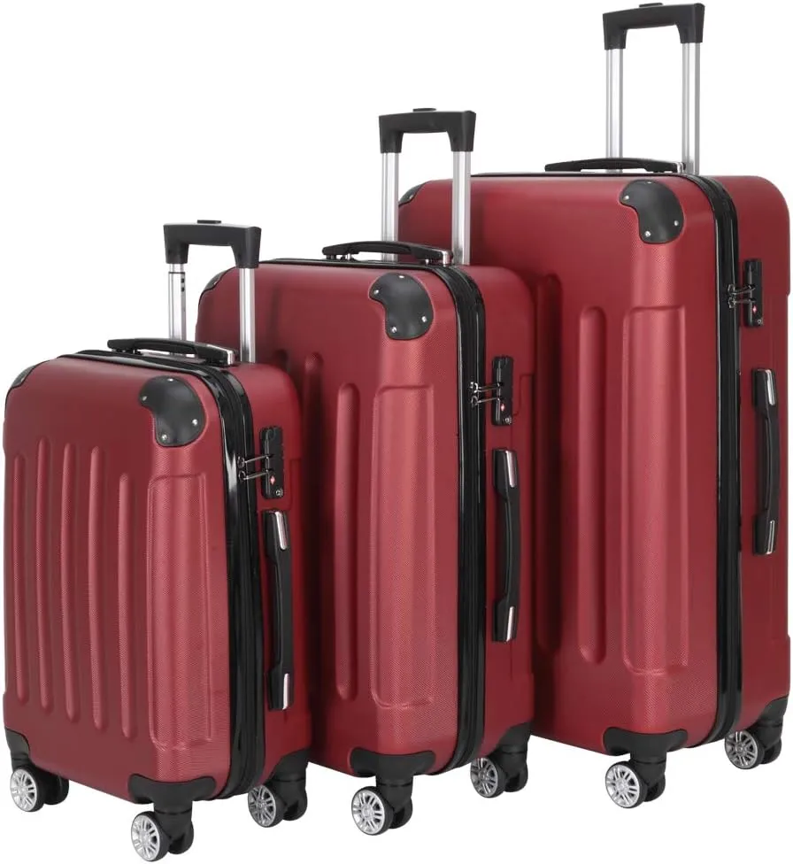 3-Piece Luggage Set Travel Lightweight ABS Suitcases with Silent Rolling Wheels, TSA lock & Moulded Corner, Carry on Travel Storage Luggages for Business, Trip, Wine Red (20"/24"/28")