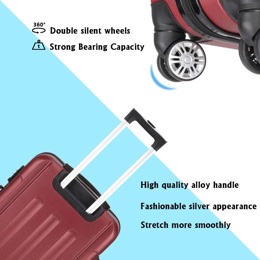 3-Piece Luggage Set Travel Lightweight ABS Suitcases with Silent Rolling Wheels, TSA lock & Moulded Corner, Carry on Travel Storage Luggages for Business, Trip, Wine Red (20"/24"/28")