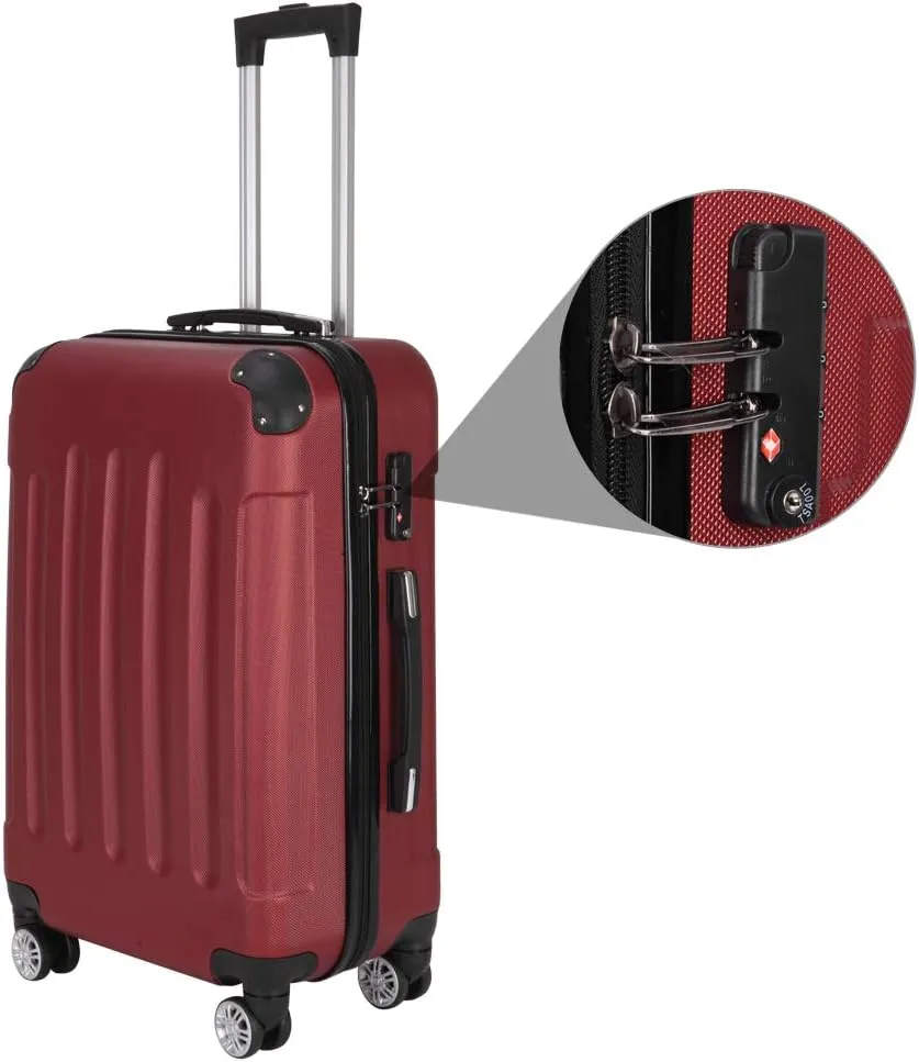 3-Piece Luggage Set Travel Lightweight ABS Suitcases with Silent Rolling Wheels, TSA lock & Moulded Corner, Carry on Travel Storage Luggages for Business, Trip, Wine Red (20"/24"/28")