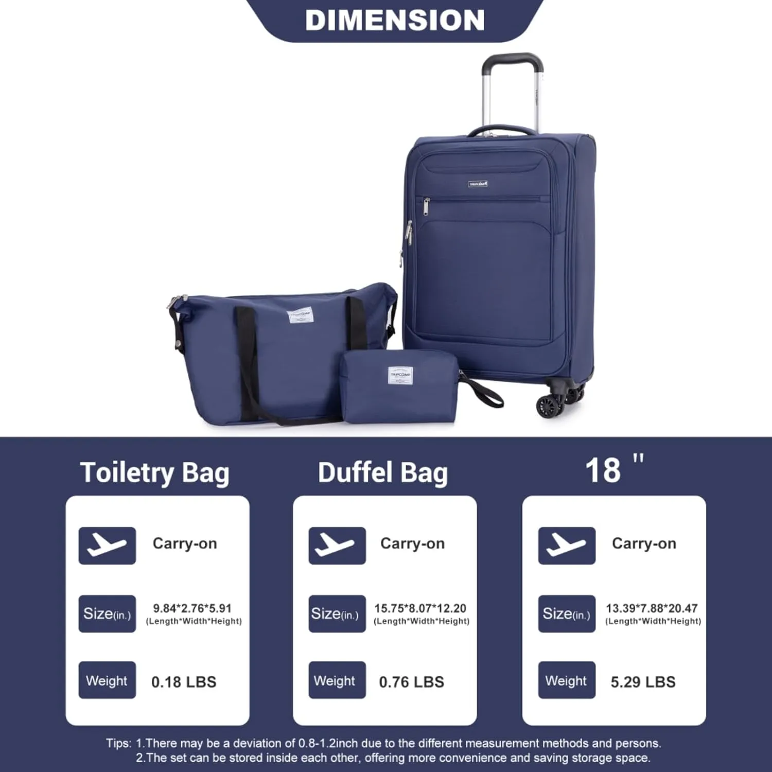 3-Piece Travel Set (18" Carry-On   Backpack   Toiletry Bag) - Lightweight Terylene Softshell Luggage with Spinner Wheels - Airline Approved Underseat Suitcase (Blue   Polyester)