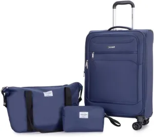3-Piece Travel Set (18" Carry-On   Backpack   Toiletry Bag) - Lightweight Terylene Softshell Luggage with Spinner Wheels - Airline Approved Underseat Suitcase (Blue   Polyester)