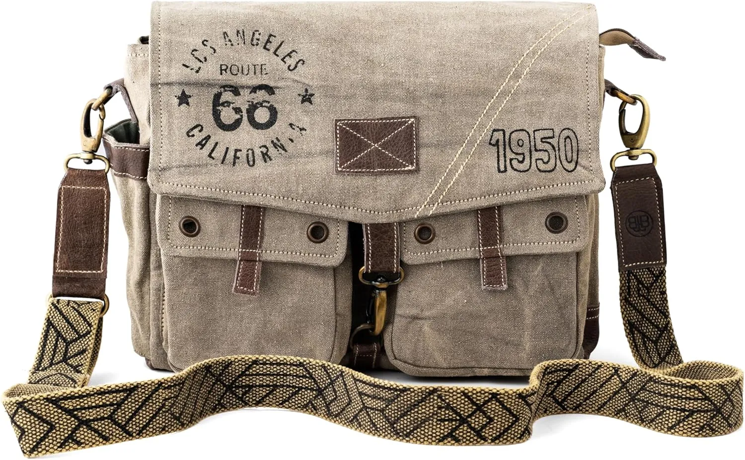 3B-Route 66Upcycled Vintage Military Leather Canvas Shoulder Bag Laptop Messenger Bags Medium Crossbody Purse with 2 Straps