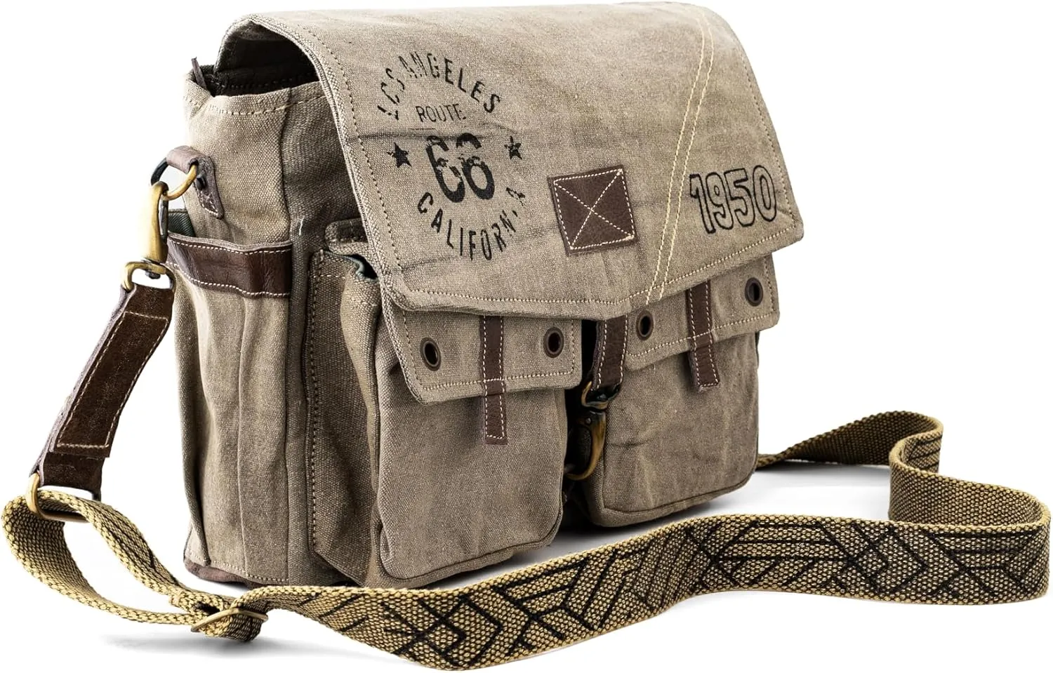 3B-Route 66Upcycled Vintage Military Leather Canvas Shoulder Bag Laptop Messenger Bags Medium Crossbody Purse with 2 Straps