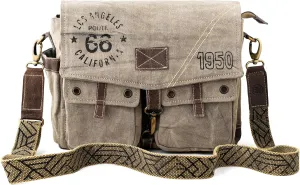 3B-Route 66Upcycled Vintage Military Leather Canvas Shoulder Bag Laptop Messenger Bags Medium Crossbody Purse with 2 Straps