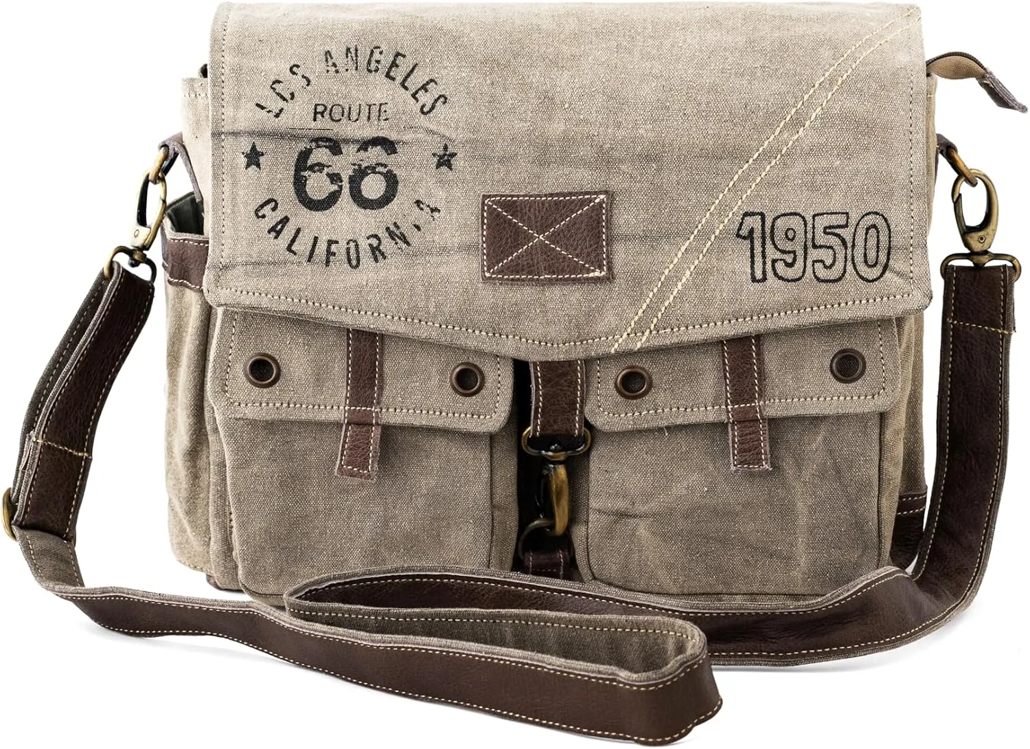 3B-Route 66Upcycled Vintage Military Leather Canvas Shoulder Bag Laptop Messenger Bags Medium Crossbody Purse with 2 Straps
