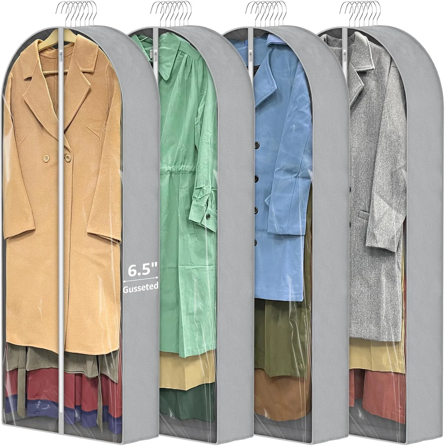 4 Pack 60'' Garment Bags for Hanging Clothes with 6.5'' Gusseted,Clothes Bags for Storage Hanging, Clothing Bags with Zipper Protecting Travel Suit Bags