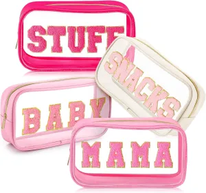 4 Pcs Mama and Baby Toiletry Bag Clear Chenille Letter Pouch Snacks Makeup Stuff Travel Diaper Bag Preppy Transparent Pouch with Zipper for Women Gift(Bright Color)