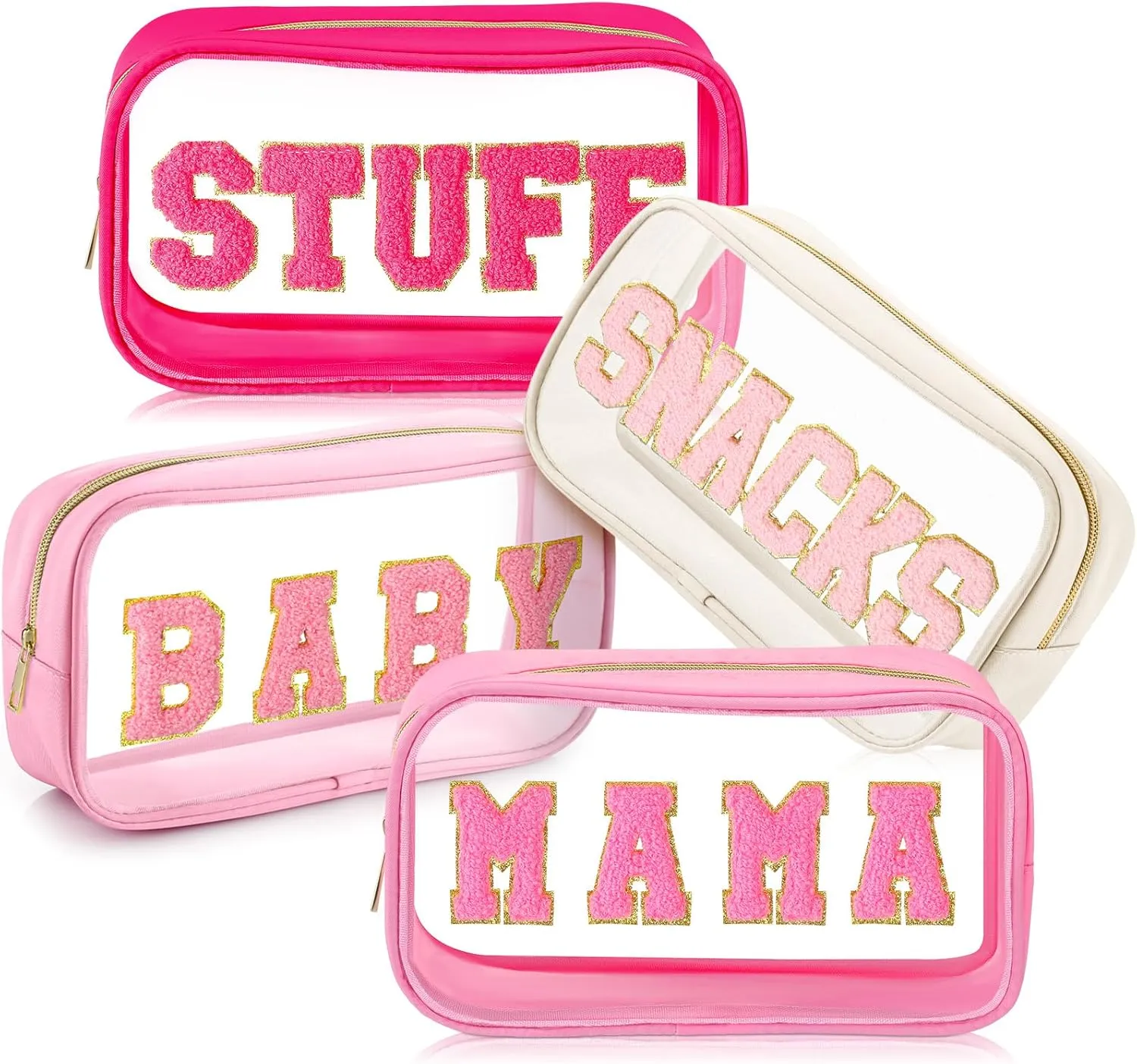 4 Pcs Mama and Baby Toiletry Bag Clear Chenille Letter Pouch Snacks Makeup Stuff Travel Diaper Bag Preppy Transparent Pouch with Zipper for Women Gift(Bright Color)