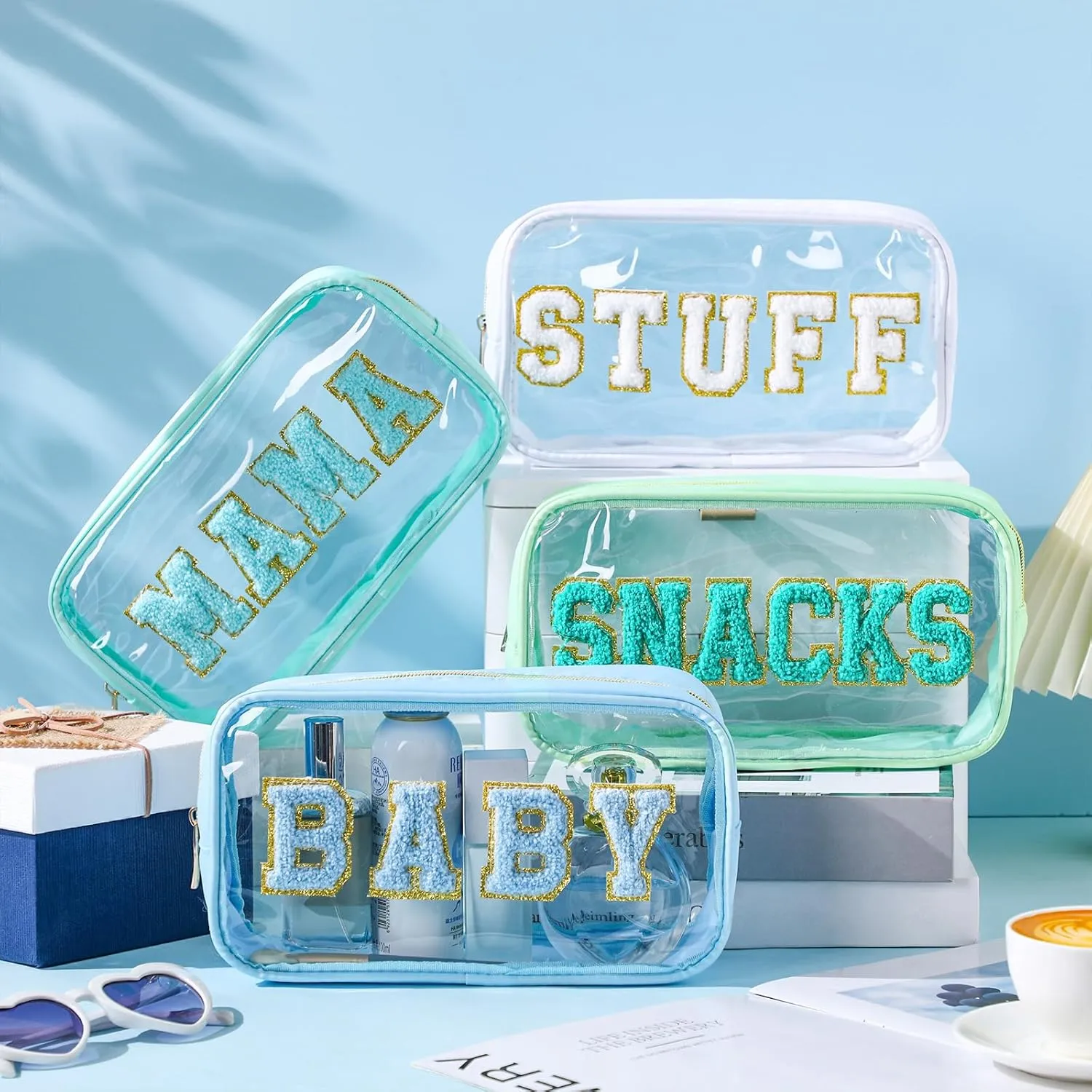 4 Pcs Mama and Baby Toiletry Bag Clear Chenille Letter Pouch Snacks Makeup Stuff Travel Diaper Bag Preppy Transparent Pouch with Zipper for Women Gift(Fresh Color)