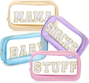 4 Pcs Mama and Baby Toiletry Bag Clear Chenille Letter Pouch Snacks Makeup Stuff Travel Diaper Bag Preppy Transparent Pouch with Zipper for Women Gift(Macarons Color)