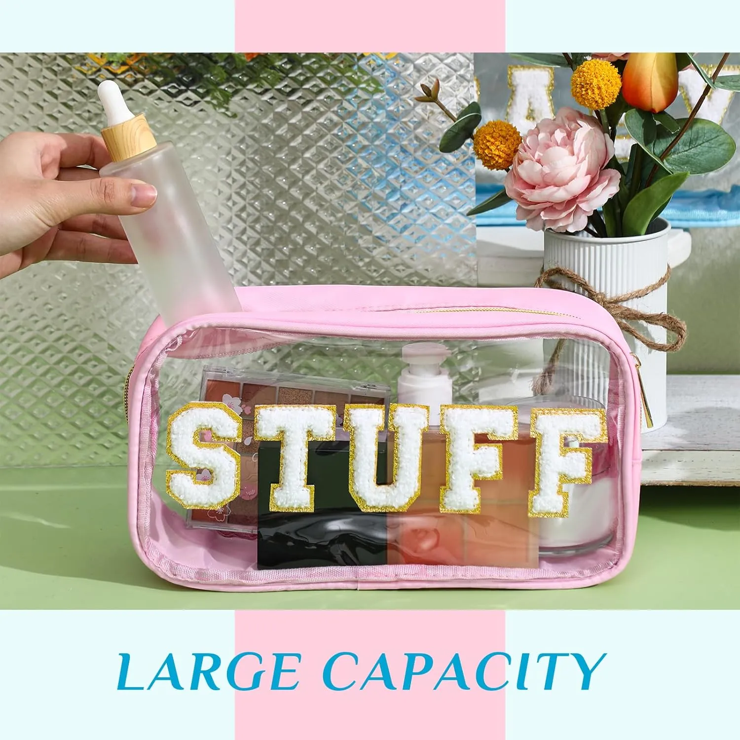 4 Pcs Mama and Baby Toiletry Bag Clear Chenille Letter Pouch Snacks Makeup Stuff Travel Diaper Bag Preppy Transparent Pouch with Zipper for Women Gift(Macarons Color)