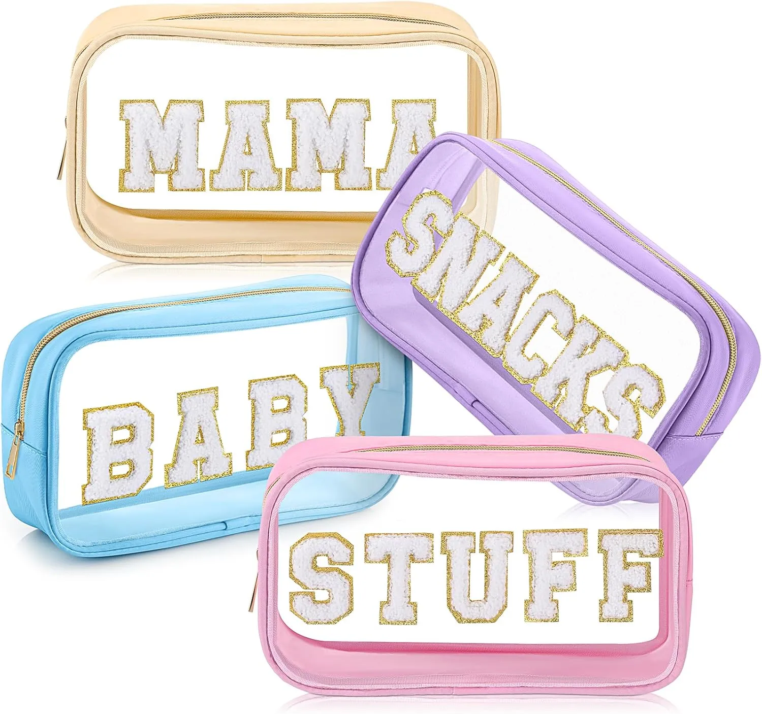 4 Pcs Mama and Baby Toiletry Bag Clear Chenille Letter Pouch Snacks Makeup Stuff Travel Diaper Bag Preppy Transparent Pouch with Zipper for Women Gift(Macarons Color)