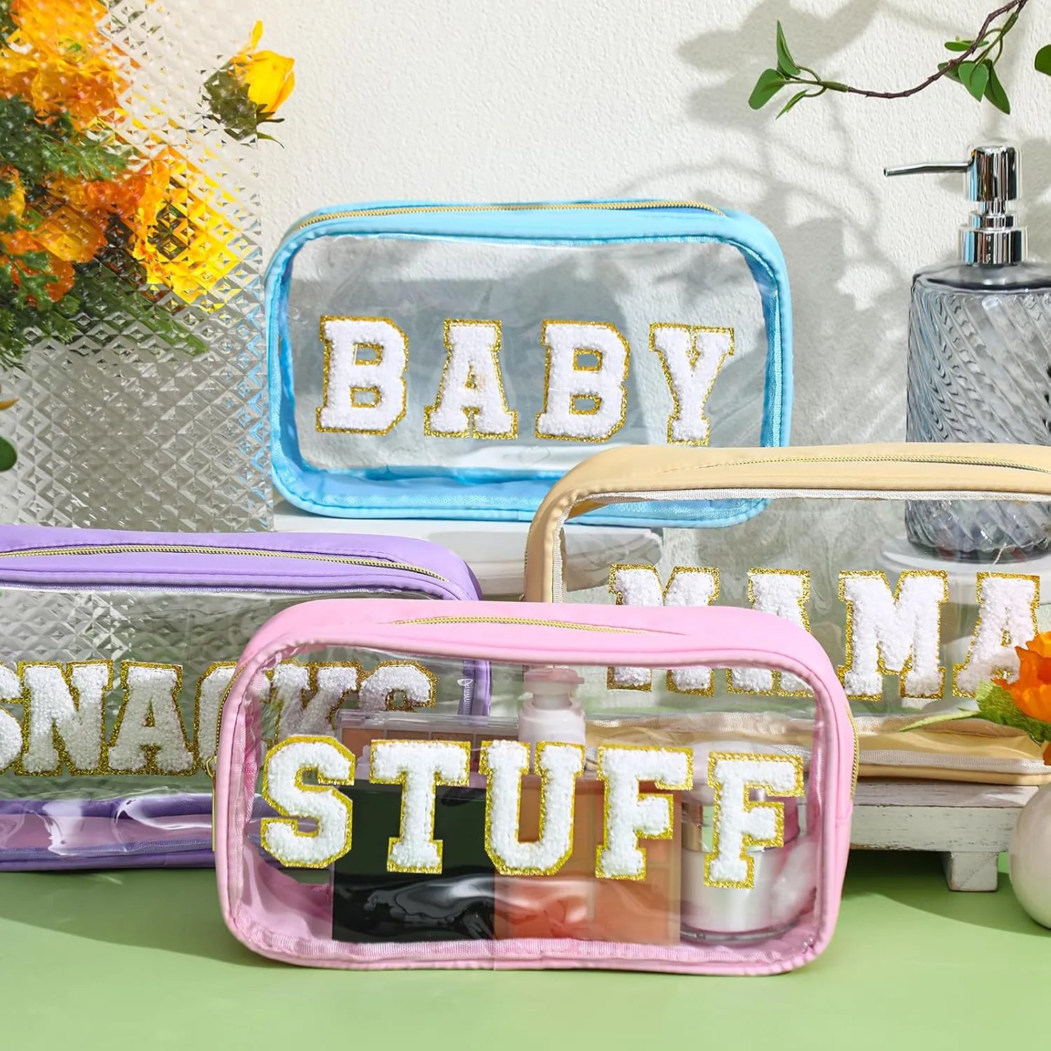 4 Pcs Mama and Baby Toiletry Bag Clear Chenille Letter Pouch Snacks Makeup Stuff Travel Diaper Bag Preppy Transparent Pouch with Zipper for Women Gift(Macarons Color)