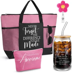 4 Pcs Nurse Appreciation Gift 16oz Glass Cup Tote Bag Makeup Bag Badge Reel Work Anniversary Thank You Baskets for Women Employee Teacher Coworker Staff Gift(Rose Pink)