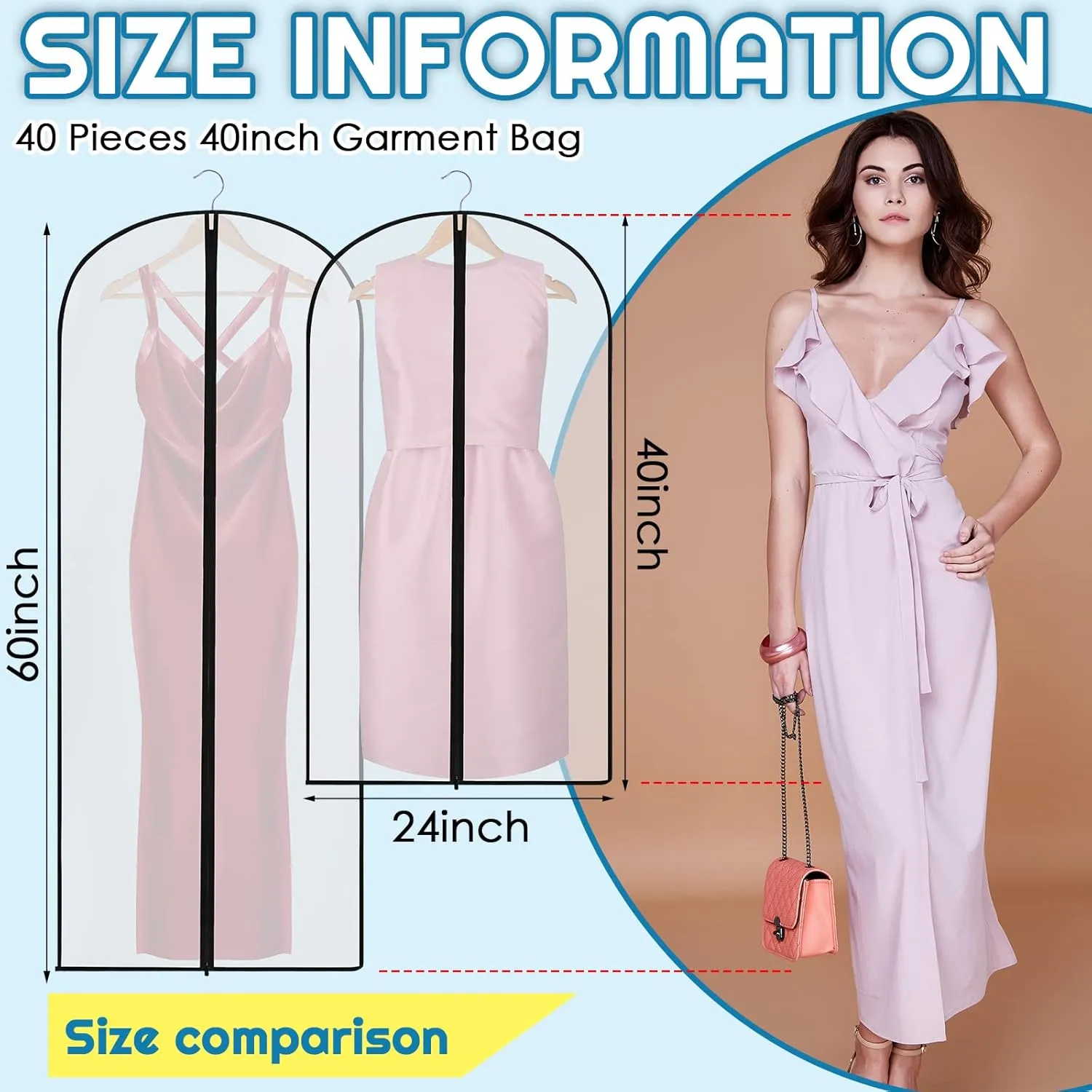 40 Pieces 60/40inch Garment Bags for Hanging Clothes with Zipper Hanging Garment Dress Bags for Gowns Long Storage Plastic Suit Cover for Coat Protector Travel Closet Clothing(24 x 40 Inch)