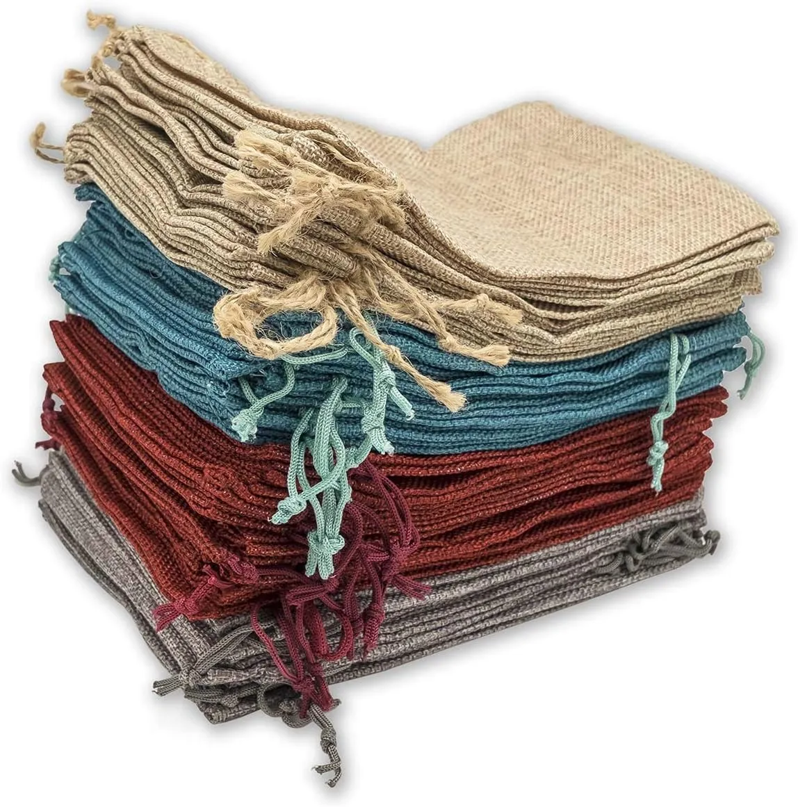 48-Pack 3x4 Natural Burlap Gift Bags w. Drawstring (4 Colors, X-Small) for Party Favors, Presents or DIY Craft by TheDisplayGuys