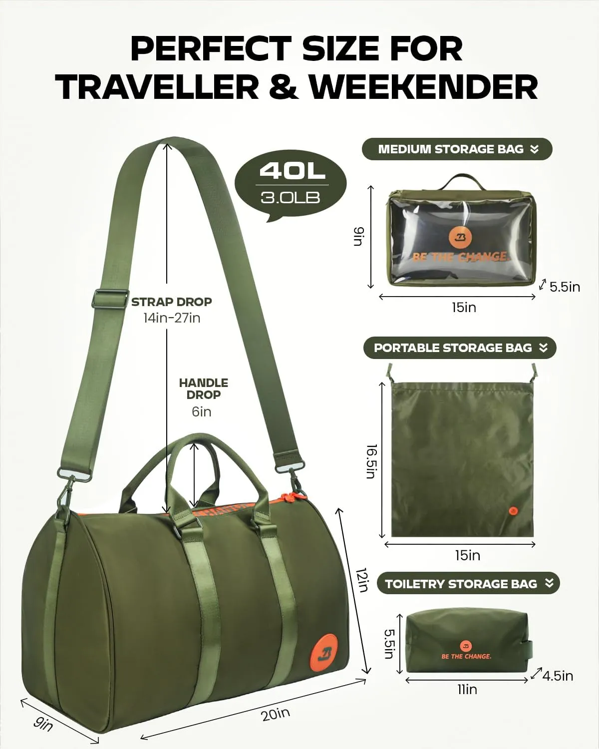 4Pcs/Set Waterproof Sports Duffel Bag 1000D Nylon Heavy Duty Travel Swim Gym Bags for Men and Women Weekender Bag with 3 Accessory Bags of Wet & Dry Separation Upgrades 2.0 Green