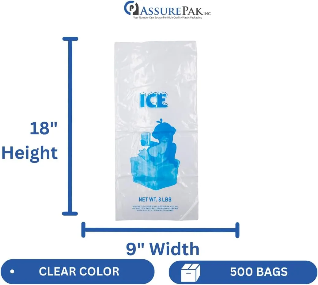 5LB Clear Plastic Ice Bags - 500 Bags per case - 9"x18" Size - 1.25 mil thickness - Convenient Bulk Pack for Ice Storage and More
