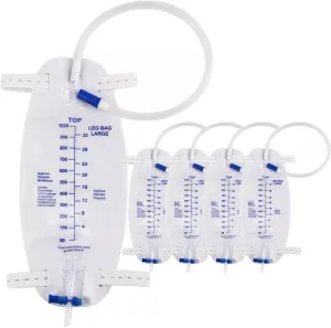 5Pack Catheter Leg Bag Urinary Drainage Bag, Disposable Urine Bags with Anti-Reflux Valve, Urine Leg Bag with 1000mL Volume, 18" Tube Drainage and Adjustable Elastic Bands